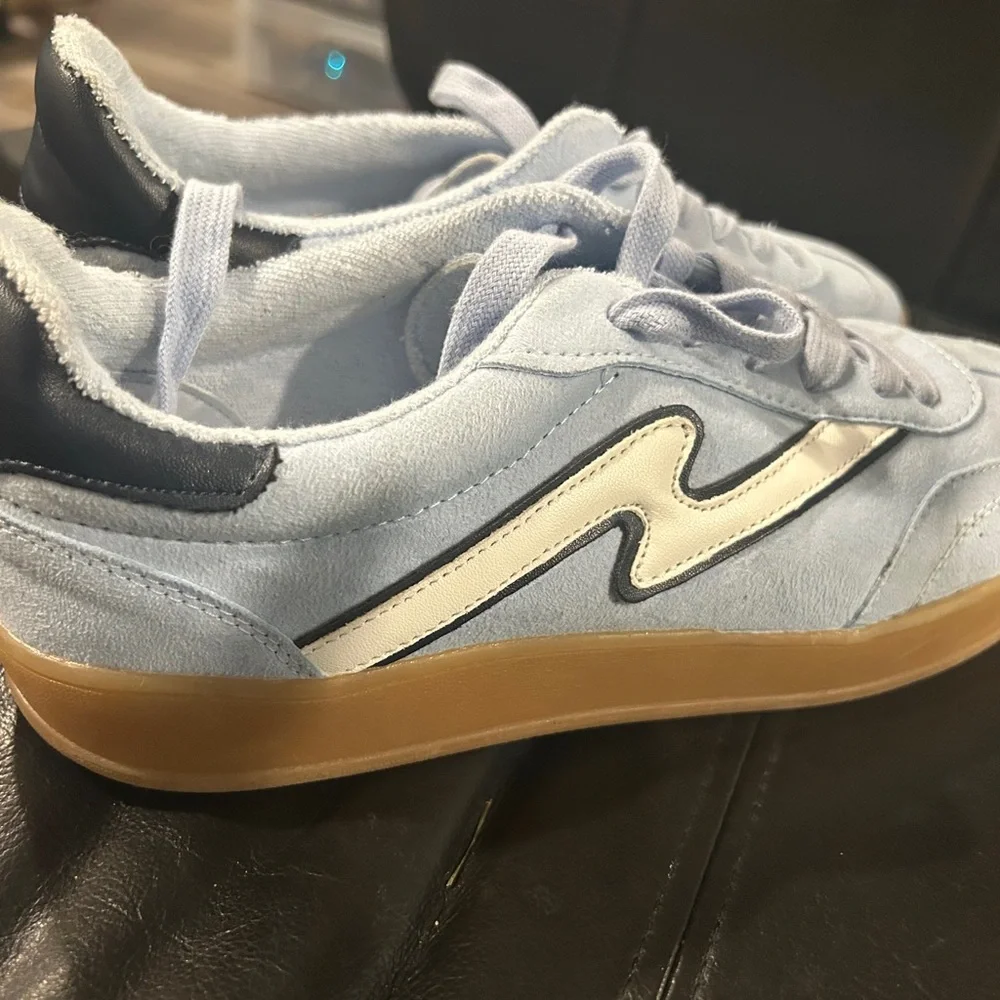 Madden Girl Light Blue Suede Sneakers with Cream Stripe and Gum Sole - Picture 6 of 12